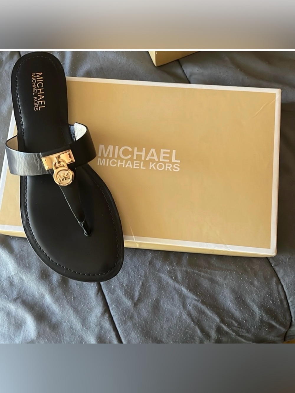 Michael Kors Black Leather Thong Sandals with Gold MK Charm size 9